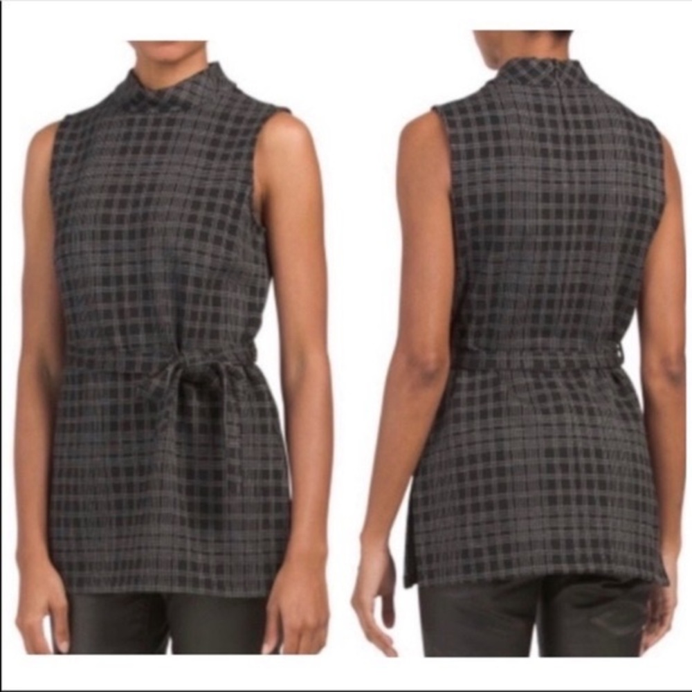 Theory Mock Neck Tunic Black Sleeveless Belted Structured Knit Medium